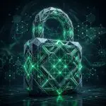 Faceted padlock surrounded by green cryptographic glyphs