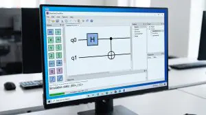 The screenshot displays a quantum circuit simulation software showing a quantum circuit diagram with qubits and gates.