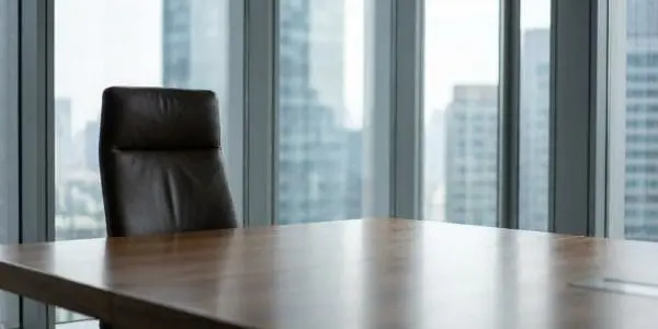 An empty office chair at a boardroom table against a glass tower wall