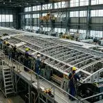 A long aircraft wing structure on a jig in an assembly hall with workers along its length
