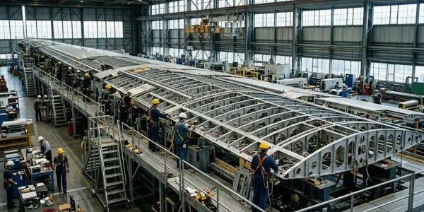 A long aircraft wing structure on a jig in an assembly hall with workers along its length