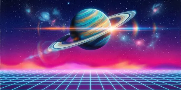 A ringed planet above a neon grid horizon