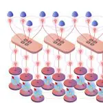 Schematic of a hybrid photonic quantum-computing architecture. A stationary spin-qubit layer is connected to a