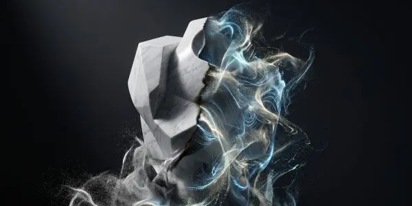White marble sculpture breaking apart into swirling blue and gold particle streams on a dark background
