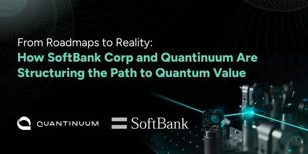 The image displays a dark background with a globe graphic and a quantum computing device, primarily in blue and grey tones.
