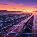 Rows of solar panels receding to a sunset horizon