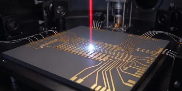 A red laser striking a gold ion-trap chip