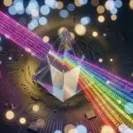 A glowing, multifaceted crystal floats above a circuit board, surrounded by streams of binary code in dark, vibrant colours.