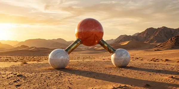 Giant ball-and-stick water molecule sculpture standing on desert sand at sunset