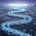 A glowing ribbon of binary digits edged with ice crystals winds across a frost-covered circuit board towards a bright horizon
