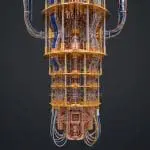 A dilution refrigerator suspended in its frame