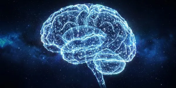 A glowing, blue wireframe brain floats against a dark, starry night sky, creating a futuristic composition