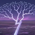 A glowing, white tree with light-emitting nodes stands in a purple desert landscape under a twilight sky.