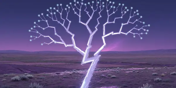 A glowing, white tree with light-emitting nodes stands in a purple desert landscape under a twilight sky.