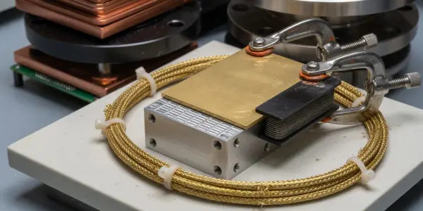 A complex arrangement of metallic components sits on a white surface, illuminated against a dark background, with gold, copper and silver tones.