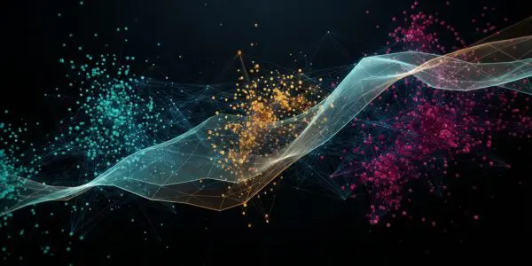Three coloured clusters of points connected by a flowing ribbon through a dark space