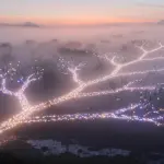 A sprawling network of lights illuminates a misty landscape at dusk, with soft pink and purple hues dominating the scene.