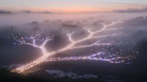 A sprawling network of lights illuminates a misty landscape at dusk, with soft pink and purple hues dominating the scene.
