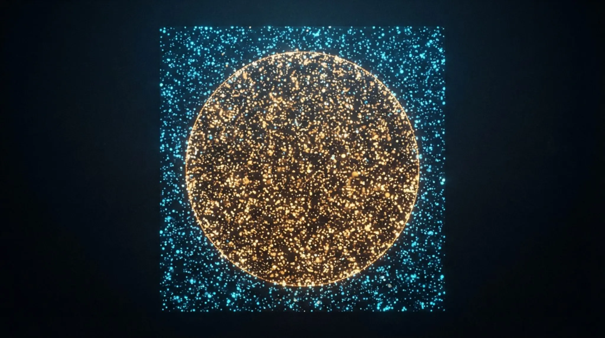 A glowing, textured sphere of golden particles sits within a square frame of bright blue dots against a dark background