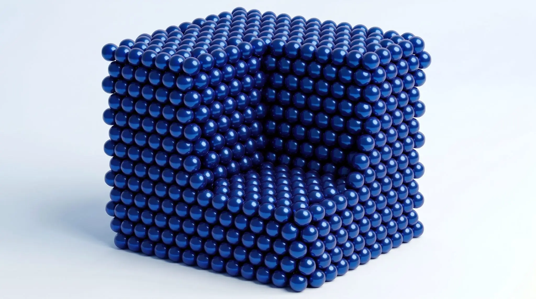 A cube of close-packed blue spheres with a corner cut away