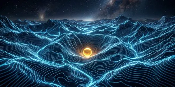Energy landscape of a quantum annealer, with the global minimum lit