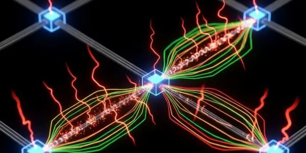 Quantum circuit lattice with highlighted syndrome nodes feeding into adaptive recovery pathways,