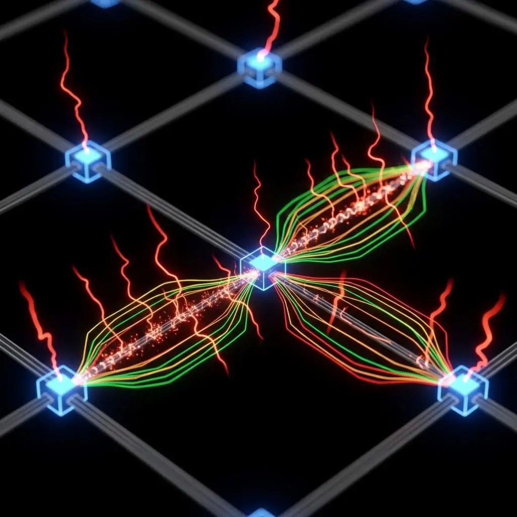 Quantum circuit lattice with highlighted syndrome nodes feeding into adaptive recovery pathways,