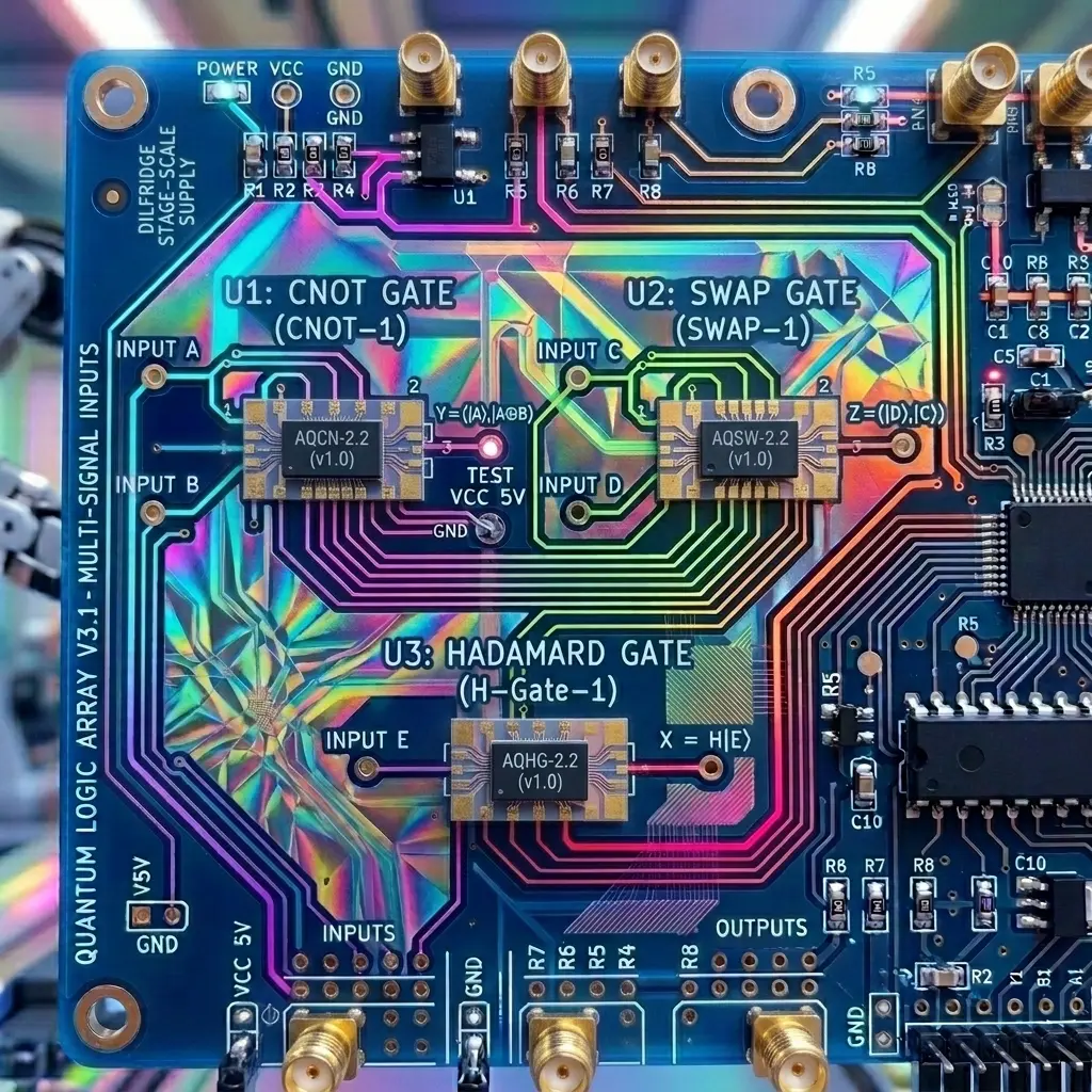 Quantum circuits imagined as a holographic logic board with CNOT, SWAP and Hadamard gate chips
