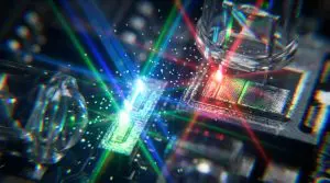 A close-up of a circuit board with glowing components and bright laser beams, set against a dark background, using vibrant blues, reds and greens.