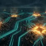 Circuit traces glowing like roads in an aerial view