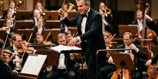 Quantum-classical orchestration shown as a conductor leading an orchestra of processors