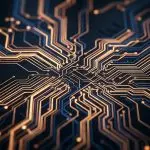A dark background features a complex network of golden and blue circuit lines radiating from a central point, creating a futuristic aesthetic.