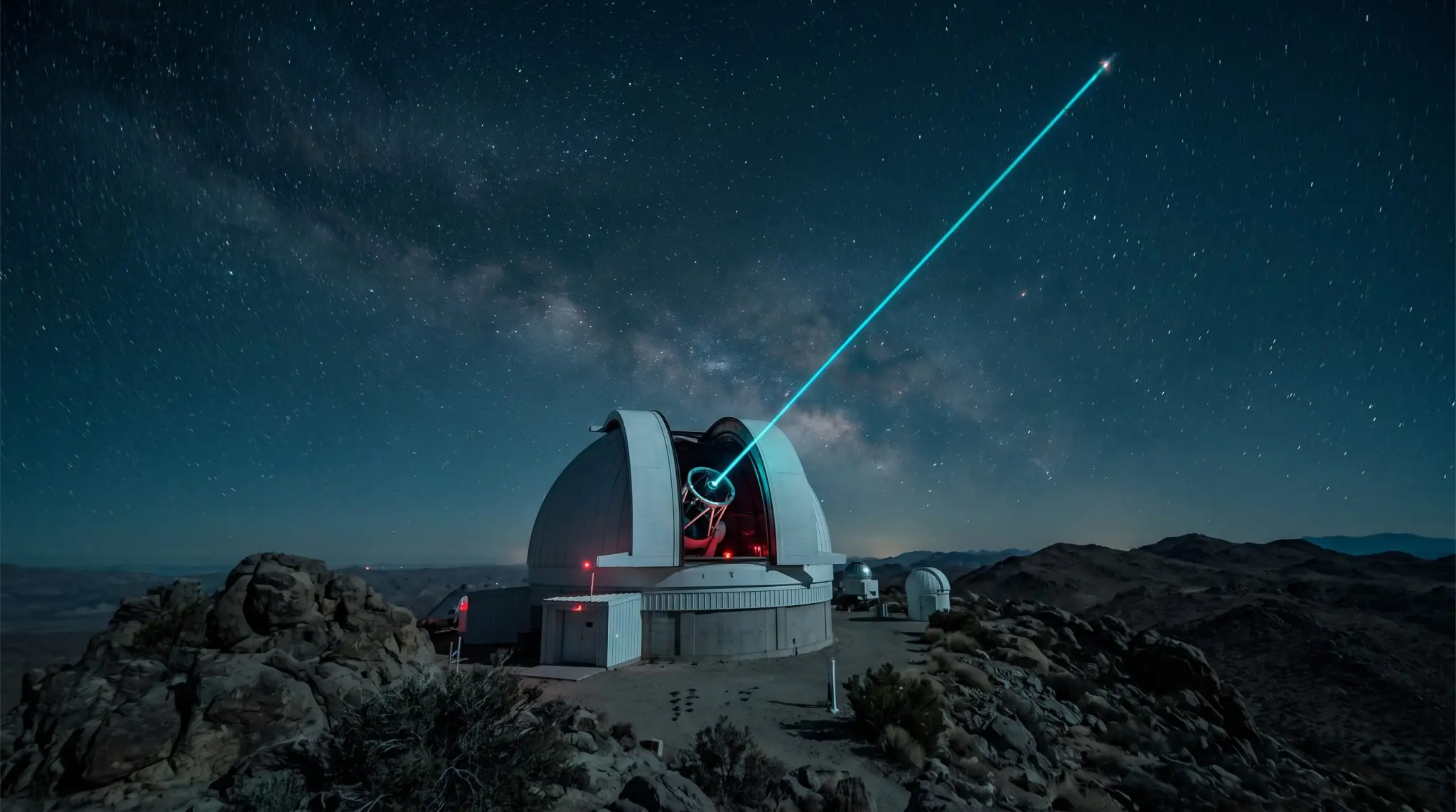 Telescope dome on a rocky summit firing a cyan laser beam into a starry night sky