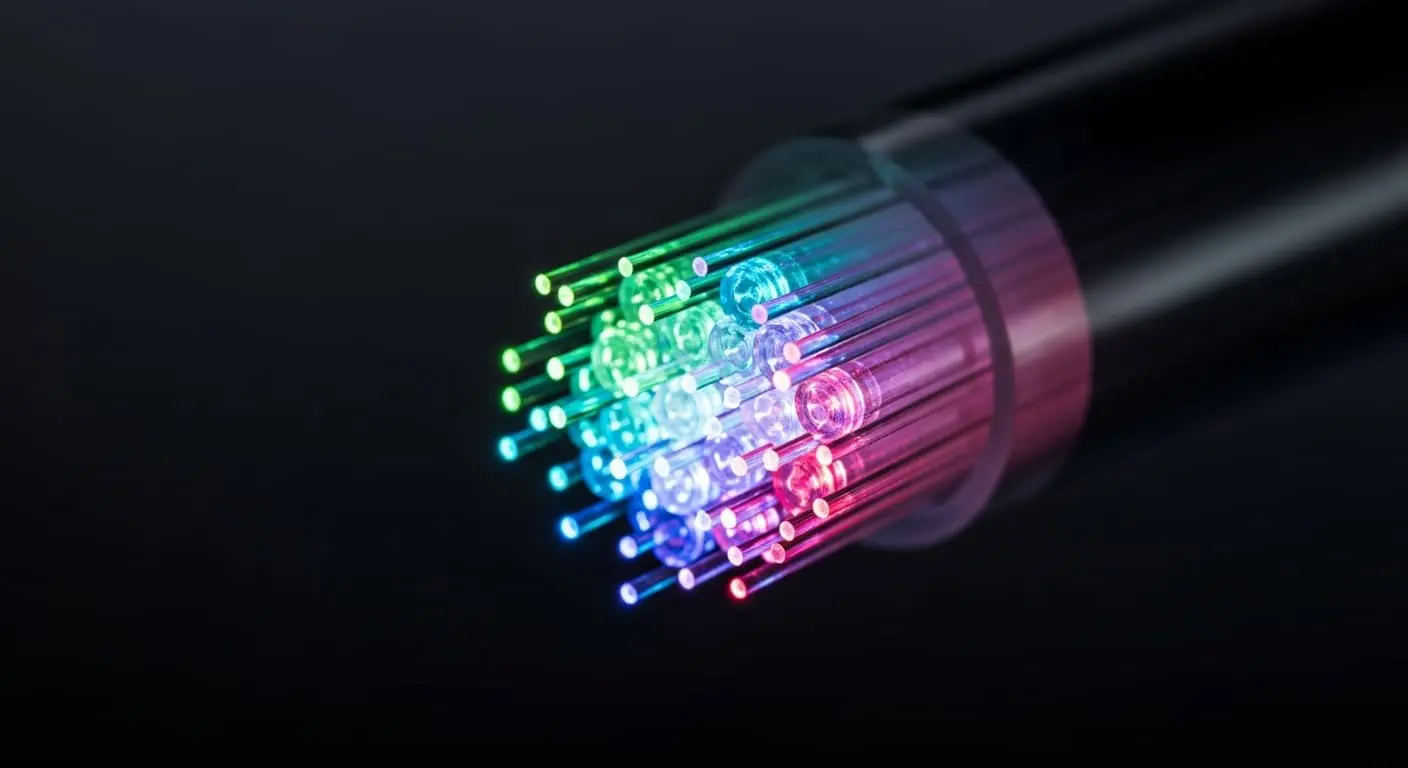 A bundle of optical fibers glowing in rainbow colors emerging from the end of a dark cable.