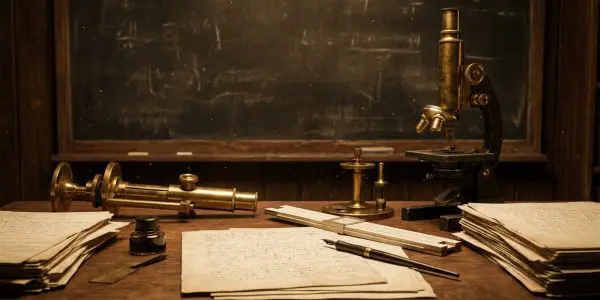 A 1930s physicist's desk with brass instruments and handwritten papers