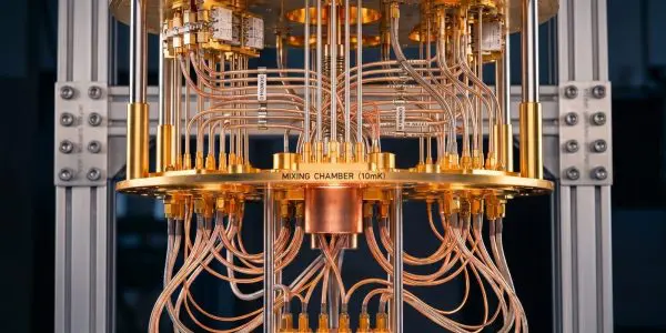 Gold dilution refrigerator chandelier of a superconducting quantum computer with labelled cooling stages