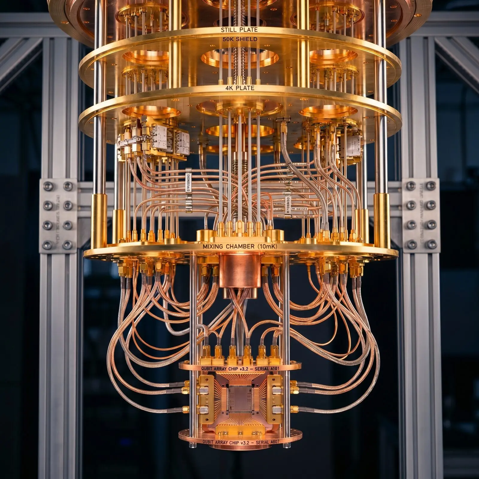 Gold dilution refrigerator chandelier of a superconducting quantum computer with labelled cooling stages