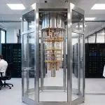 A glass-cased quantum computer in a bright laboratory
