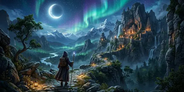 A hooded figure with a glowing staff on a lantern-lit path below an aurora, standing for the magical picture of quantum computing that this article takes apart