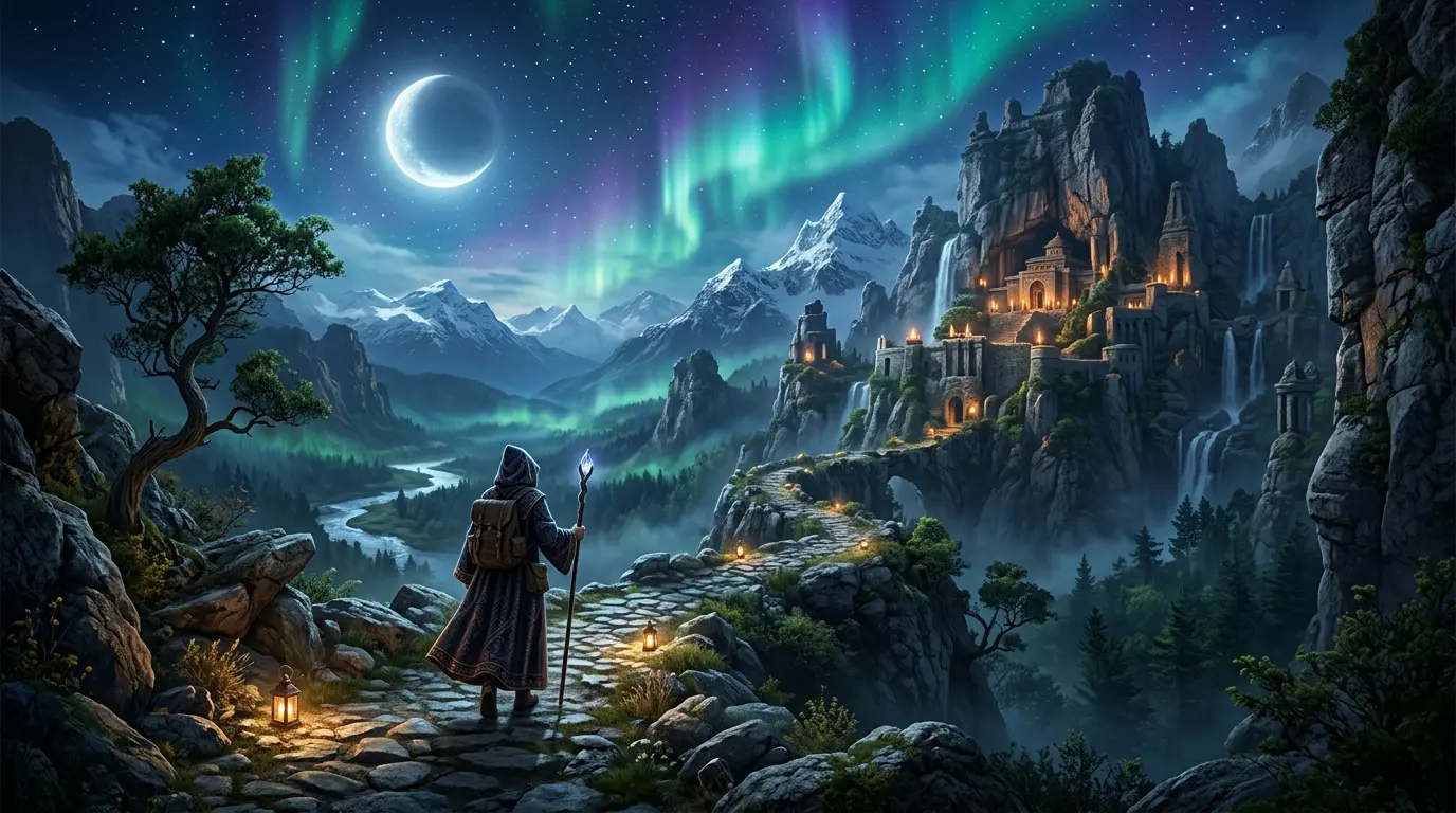 A hooded figure with a glowing staff on a lantern-lit path below an aurora, standing for the magical picture of quantum computing that this article takes apart