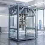 A quantum computer in a glass case in a modern office