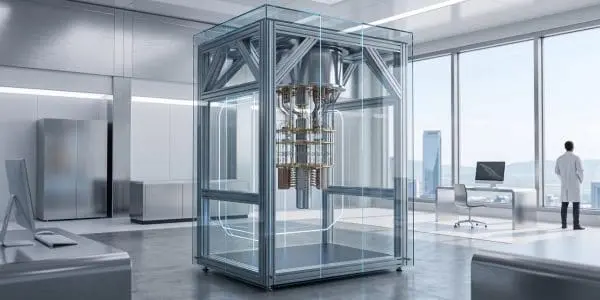A quantum computer in a glass case in a modern office