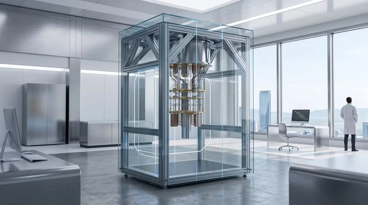 A quantum computer in a glass case in a modern office