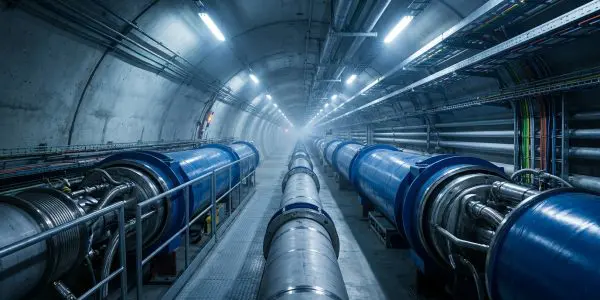 Blue cryogenic beamlines running down an accelerator tunnel
