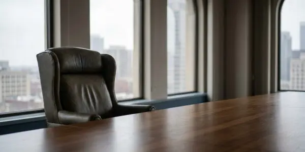 An empty leather chair at the head of a boardroom table
