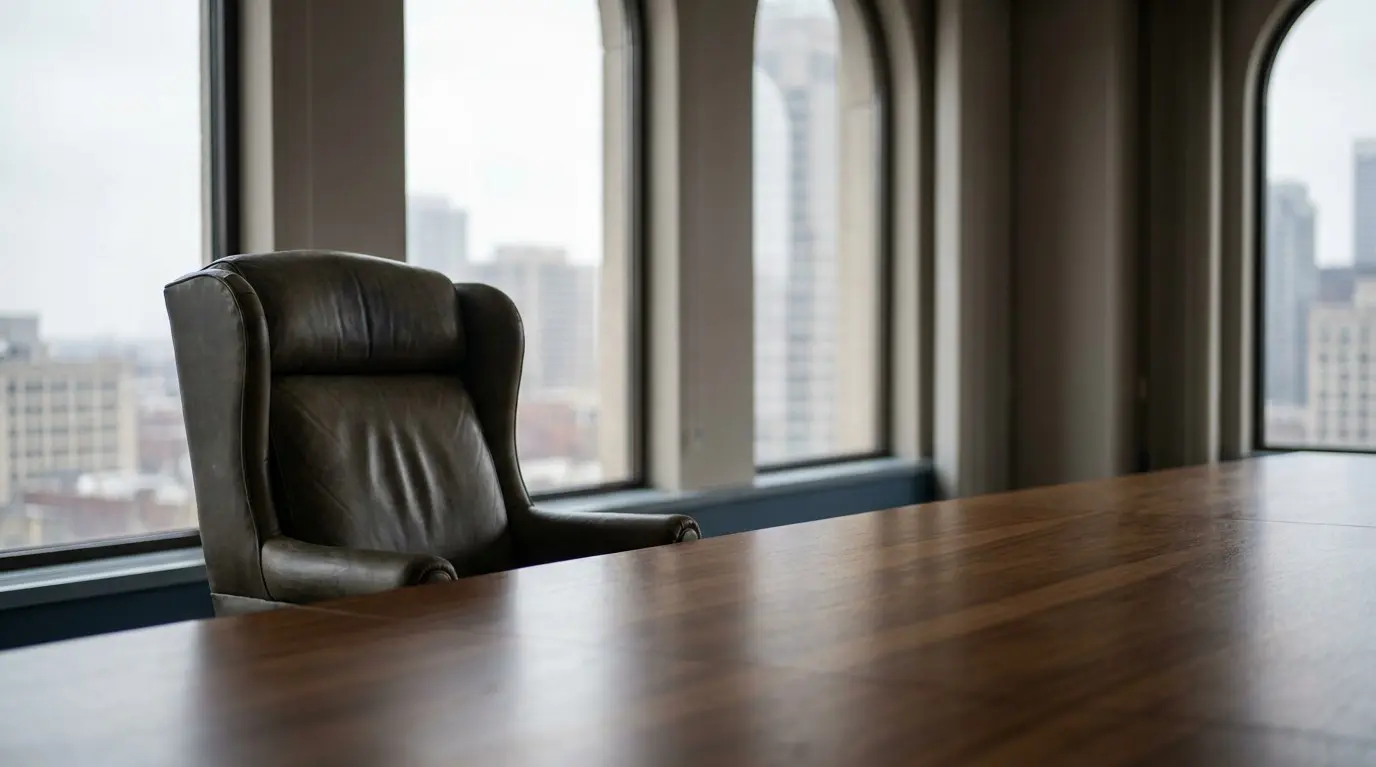 An empty leather chair at the head of a boardroom table