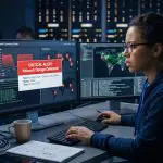A darkened network operations center features a person focused on multiple monitors displaying data and a critical alert