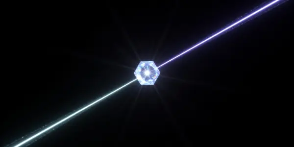 A glowing, multifaceted crystal is centered on a dark background, bisected by bright, linear light trails in blue and white.
