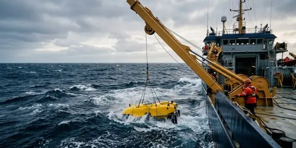 A yellow uncrewed underwater vehicle being craned over the side of a test ship in heavy sea