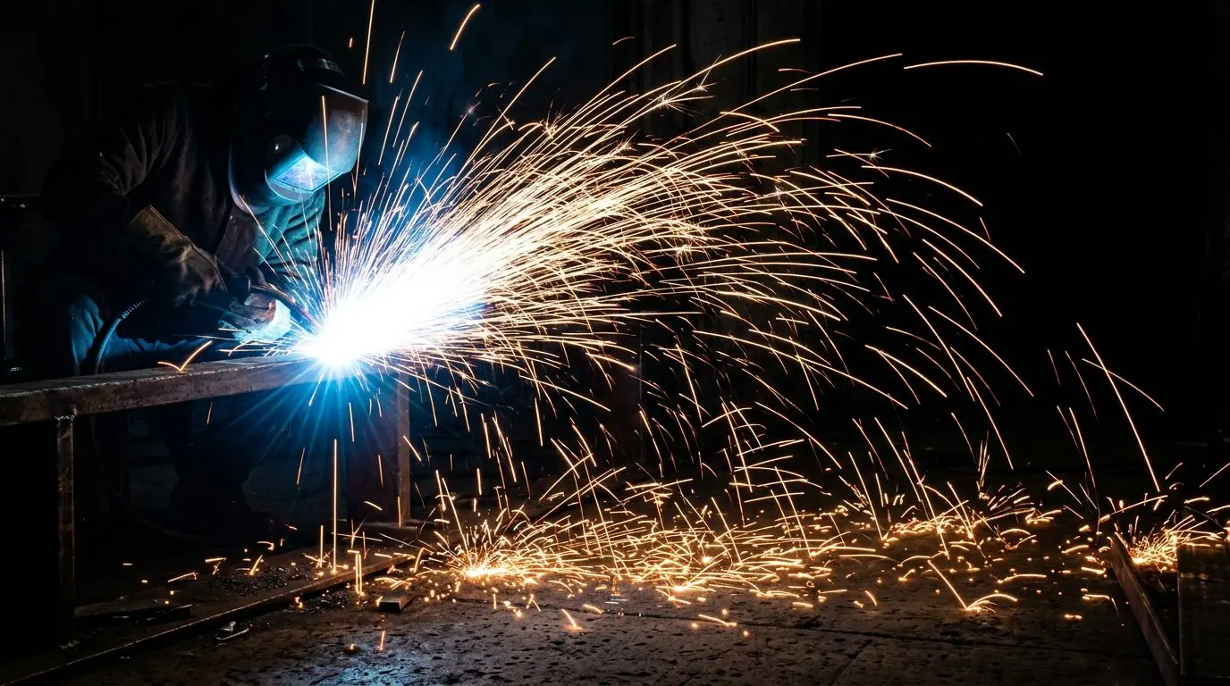 A welder throwing a long spray of sparks
